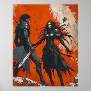 Gothic Knight Duel Poster - Mörk Fantasy Art