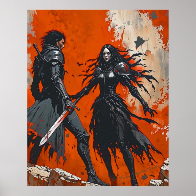 Gothic Knight Duel Poster - Mörk Fantasy Art (Framsidan)
