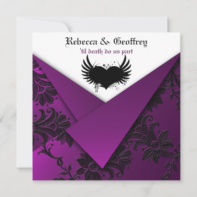 Gothic Lila, Black, White Wedding bjudning Inbjudningar (Framsida)