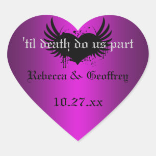 Gothic Lila, Black Winged Heart Bröllop Sticker Hjärtformat Klistermärke