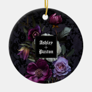 Gothic Lila Blommigt Bouquet vid Snöre med Ravens Julgransprydnad Keramik