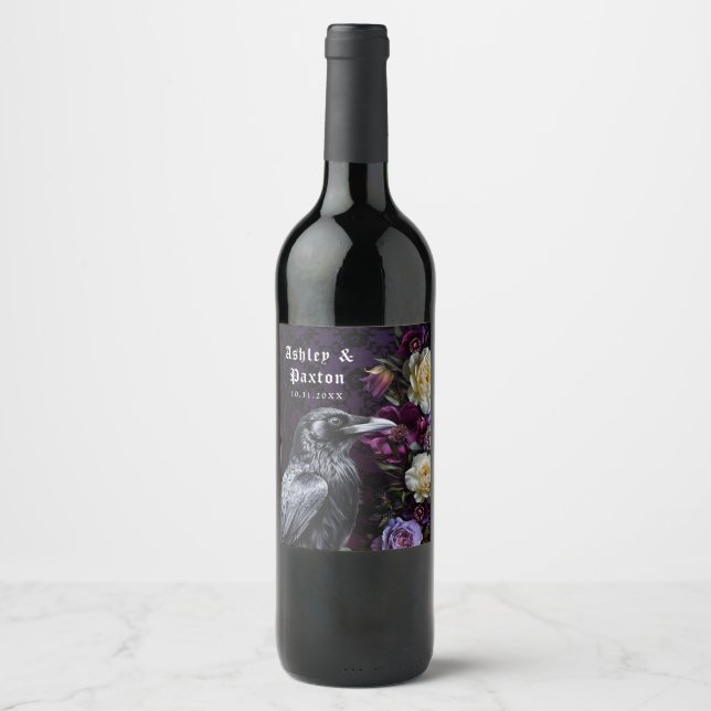 Gothic Lila Bouquet med Kråka Vinflaska Etikett (Framsida)