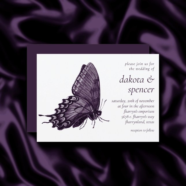 Gothic Lila Butterfly | Modern Mörk Bröllop Inbjudningar (Skapare uppladdad)