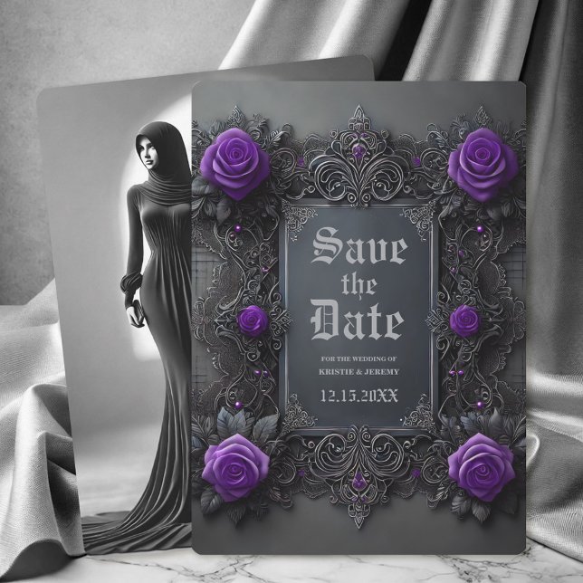 Gothic Lila Grått Blommigt Photo Save Date Spara Datumet (Gothic Purple Roses on dark gray with a Back Photo Save the Date Announcement.)