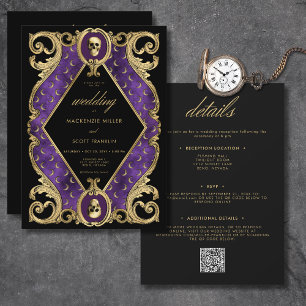 Gothic Lila & Guld Skull Ram 2 sida vid sida Inbjudningar