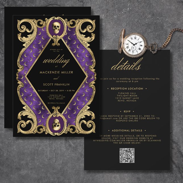 Gothic Lila & Guld Skull Ram 2 sida vid sida Inbjudningar (Gothic Purple & Gold Skull Frame All In One Invitation)