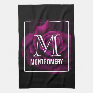 Gothic Lila-Röd ros Flower Monogram Kökshandduk