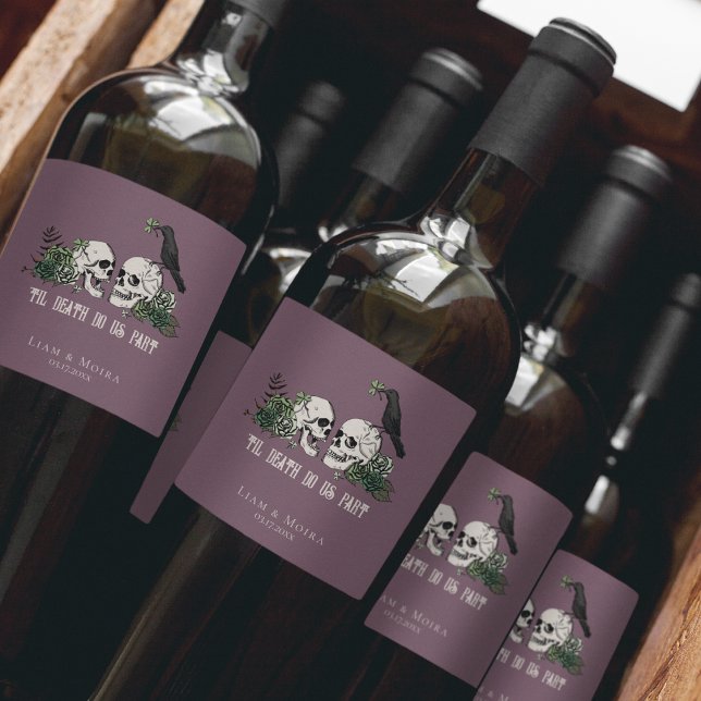 Gothic Lila Til Död Irish Grönt Blommigt Skull Vinflaska Etikett (Elegant Purple Gothic Til Death Do Us Part Hand-Drawn Floral Skull, Green Roses, Shamrock, Clover...)
