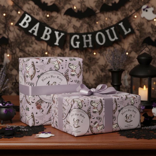 Gothic Lila Victorian Rocking Horse Baby Shower Presentpapper (Cute Spooky Gothic Halloween Baby Shower Lilac Wrapping Paper for Baby Girl. Vintage Rocking Horse)
