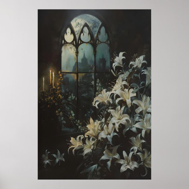 Gothic Lilies Flowers Candlelight Castle Art, Dark Poster (Framsidan)