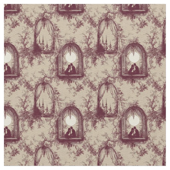 Gothic Love Valentine Burgundy Toile De Jouy  Tyg (Närbild)