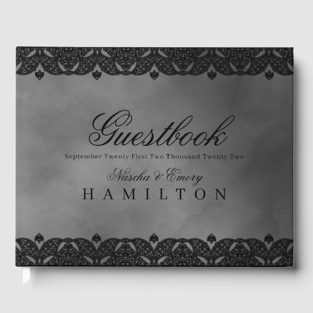 Gothic Medieval Grått Elegant Ornate Snöre Bröllop Gästböcker (Framsida)