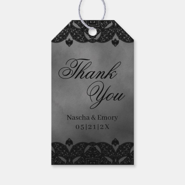 Gothic Medieval Mörk Ornate Snöre Bröllop Tack Presentetikett (Framsidan)