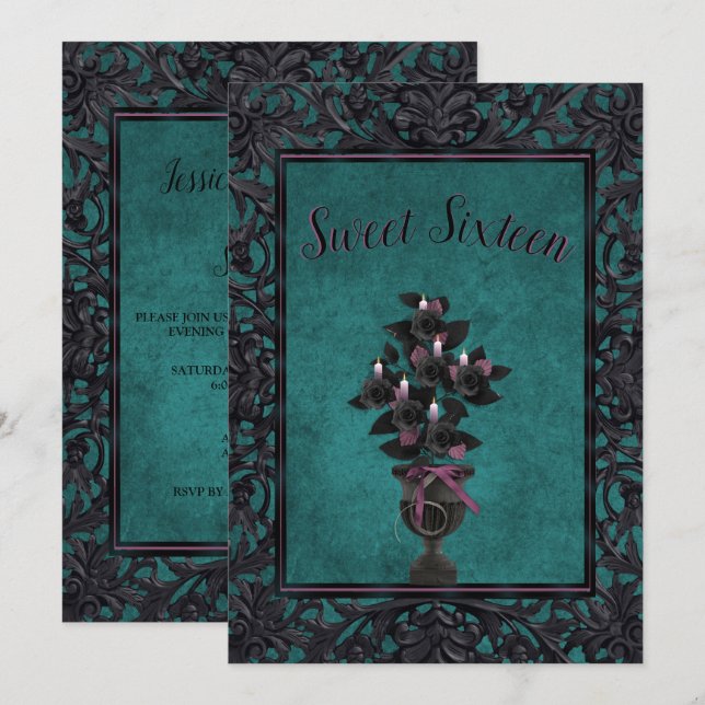 Gothic Metall Ram Black Ro & Candles Sweet 16 Inbjudningar (Fram/baksida)