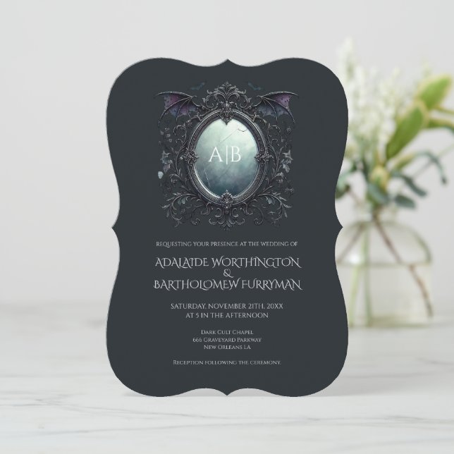 Gothic Mirror Monogram Wedding Invitation Inbjudningar (Stående Fram)