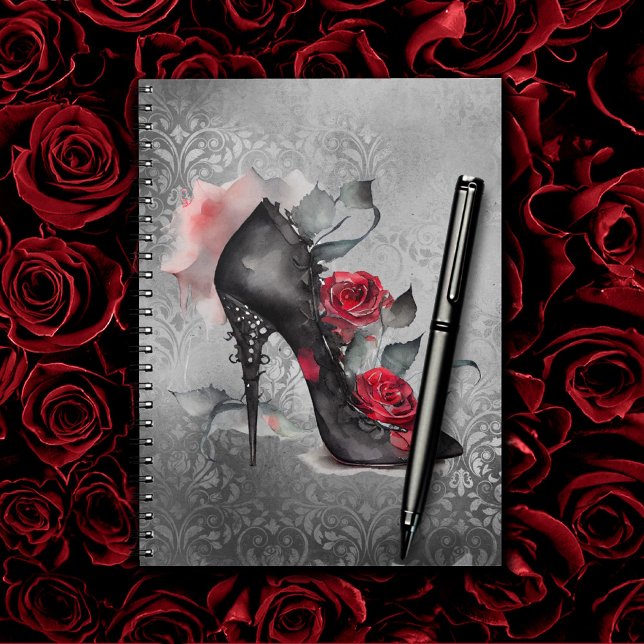 Gothic Mode Spiked Stiletto och Röd ros Stänk Anteckningsbok (Skapare uppladdad)