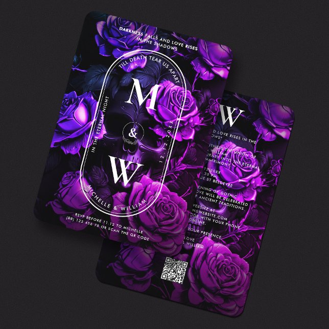 Gothic Monogram Bröllop Skull Mörk Lila Ro Inbjudningar (Gothic Monogram Wedding Skull Dark Purple Roses Invitation
)