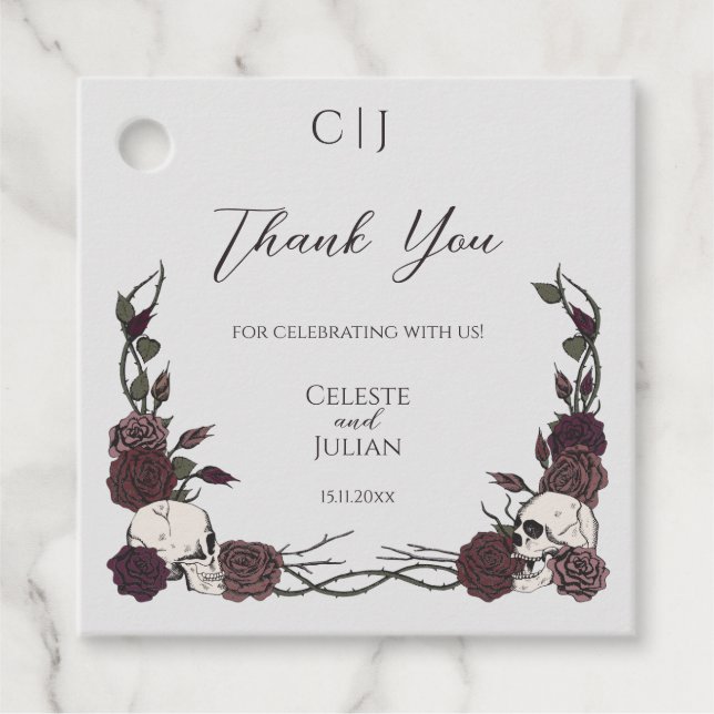 Gothic Monogram Skull & Rose Wedding Thank You Gåvor Etiketter (Framsida)