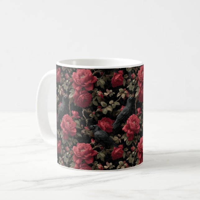Gothic Mönster med Röd ros och Kråkor Kaffemugg (Framsida vänster)