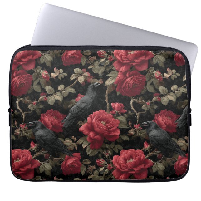 Gothic Mönster med Röd ros och Kråkor Laptop Fodral (Framsidan)
