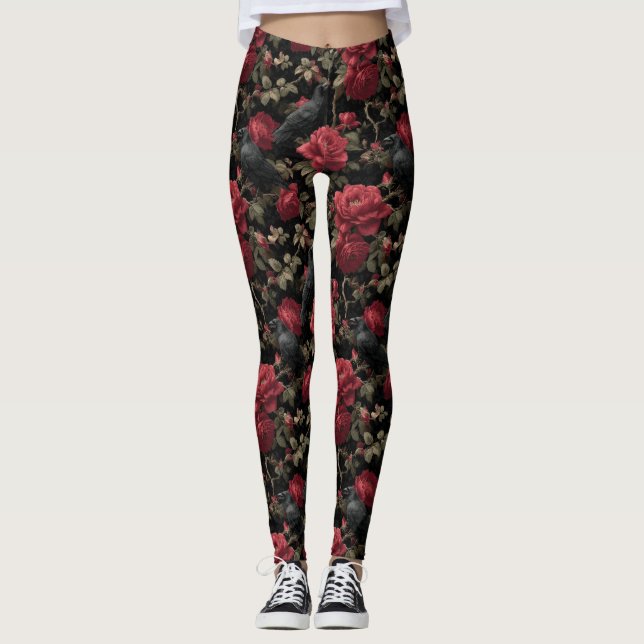 Gothic Mönster med Röd ros och Kråkor Leggings (Framsida)