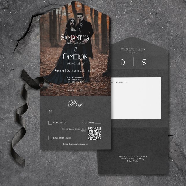 Gothic Moody Black Elegant Photo QR-kod (Gothic Moody Black Elegant Photo All In One Invitation with QR Code)