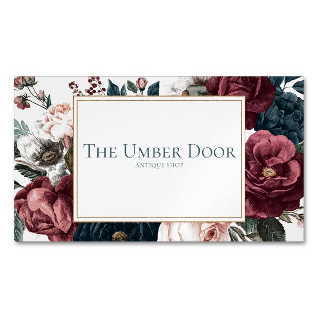 Gothic Moody Floral Burgundy Teal Rose Gold Frame Magnetiska Visitkort (Framsida)