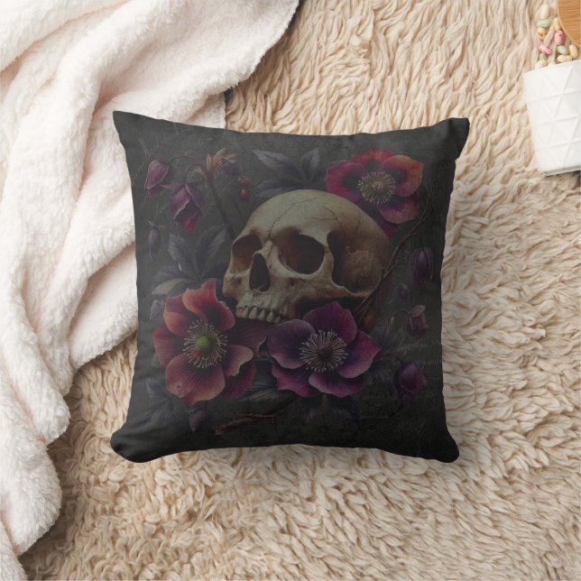 Gothic Moody Skull med blommor Kudde (Filt)