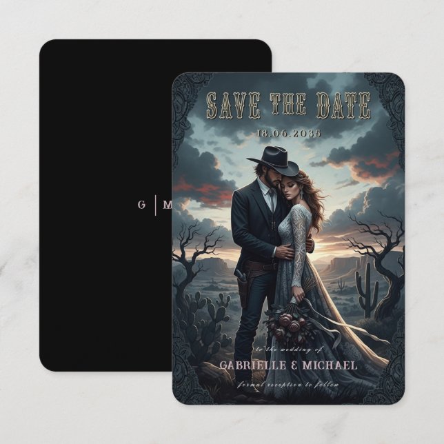 Gothic Moody Western Cowboy Wedding Save The Date Spara Datumet (Fram/baksida)