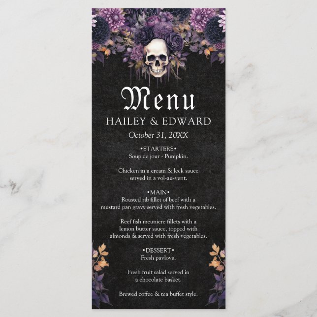 Gothic Mörk Blommigt Skull Halloween Bröllop Menu Meny (Framsida)