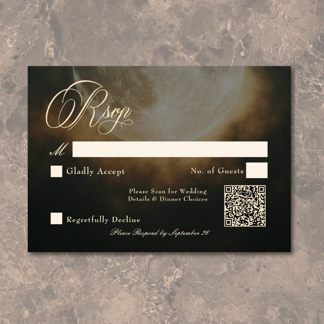 Gothic Mörk Full Moon Arch Bröllop QR OSA Kort (Gothic Dark Full Moon Arch Wedding QR RSVP Card)