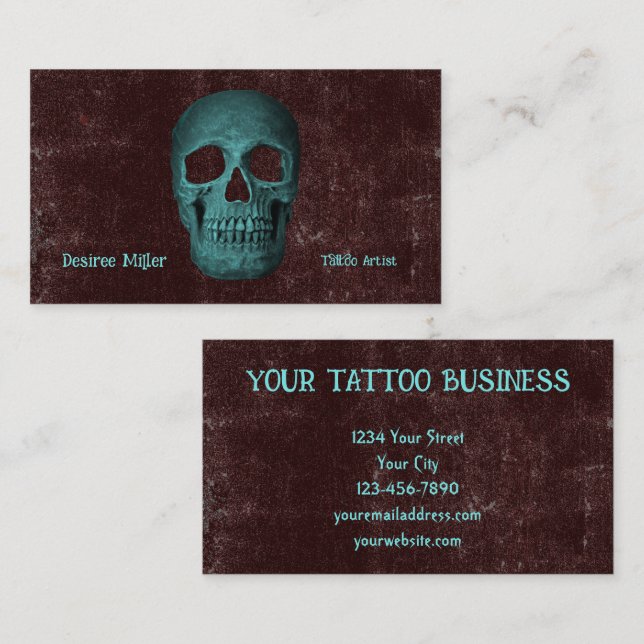 Gothic Mörk Teal Brown Skull Tatto Shop Visitkort (Fram/baksida)