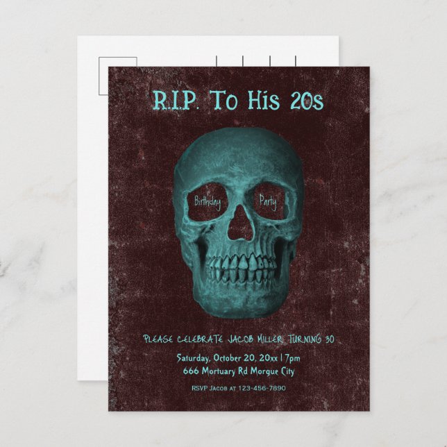 Gothic Mörk Teal Brown Skull, till hans 20-tal Inbjudan Vykort (Fram/baksida)