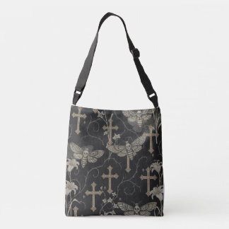 Gothic Moth & Cross Damask Tote Bag – Dark Vintage Axelväska