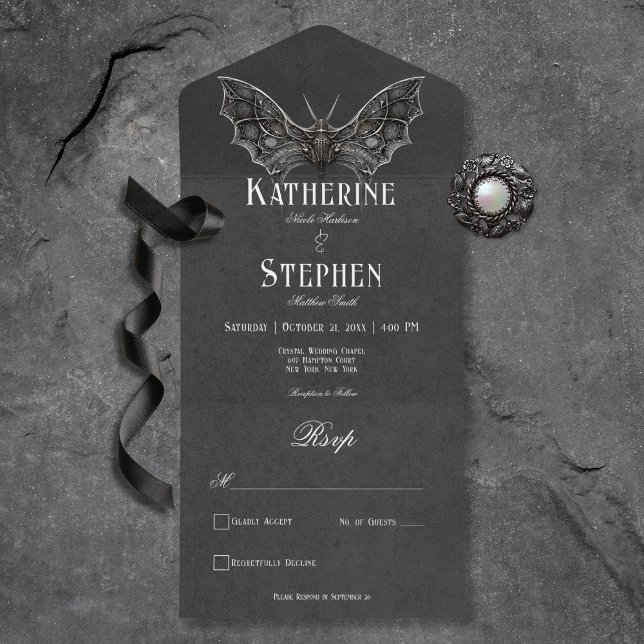 Gothic Moth Moody Black & White Middag (Gothic Moth Moody Black & White All In One Wedding Invitation without Dinner Options)