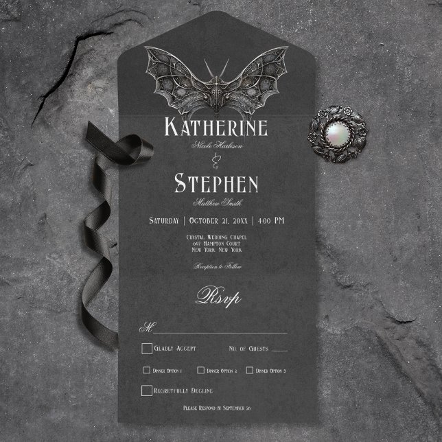 Gothic Moth Moody Black & White Middag (Gothic Moth Moody Black & White All In One Wedding Invitation with Dinner Options)