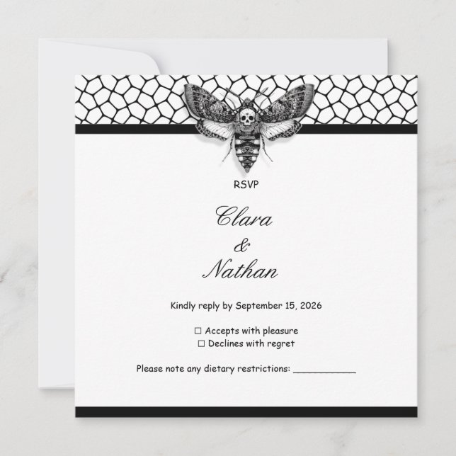 Gothic Moth Skull Bröllop RSVP-kort – Mörk Elegans Inbjudningar (Framsida)