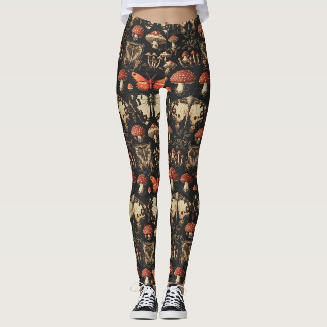 Gothic Mushroom Specimen Dark Academia Red Moth Leggings (Framsida)