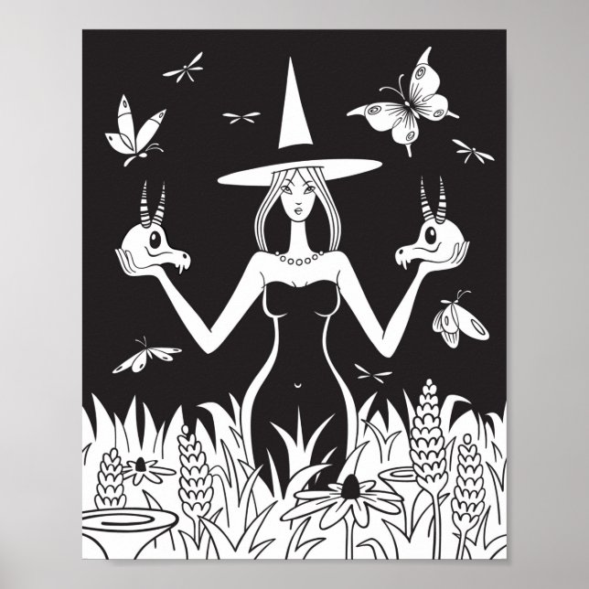 Gothic Occult Witch Black White Skull Butterfly Poster (Framsidan)