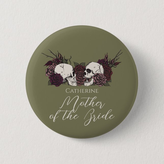 Gothic Olive Green Skull & Rose Wedding Party Knapp (Framsida)