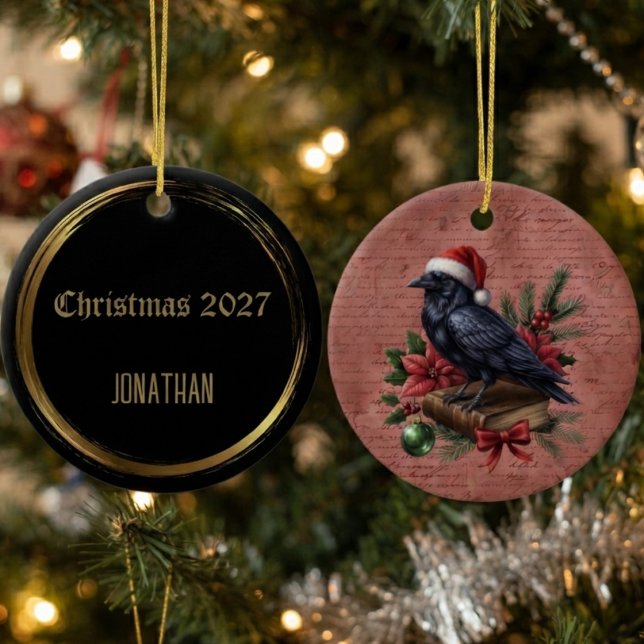 Gothic Onyx Barock Korp Julgransprydnad Keramik (Ceramic raven ornament for gothic holiday lovers and dark academia tree decor)