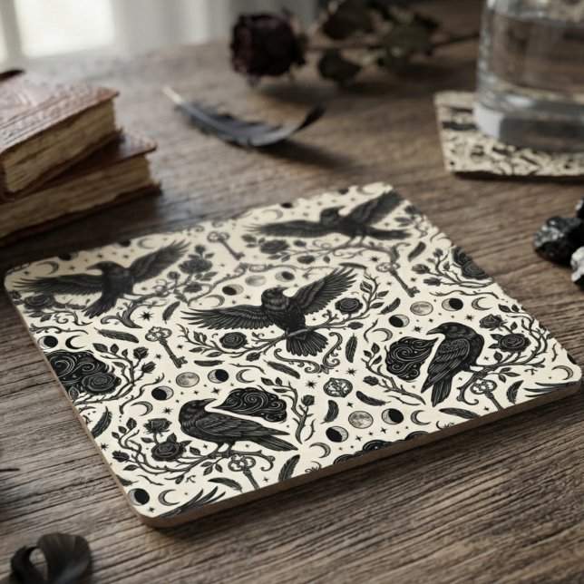 Gothic Onyx Baroque Raven Underlägg Papper Kvadrat (Gothic raven chipboard coaster for dark academia birthday celebrations)