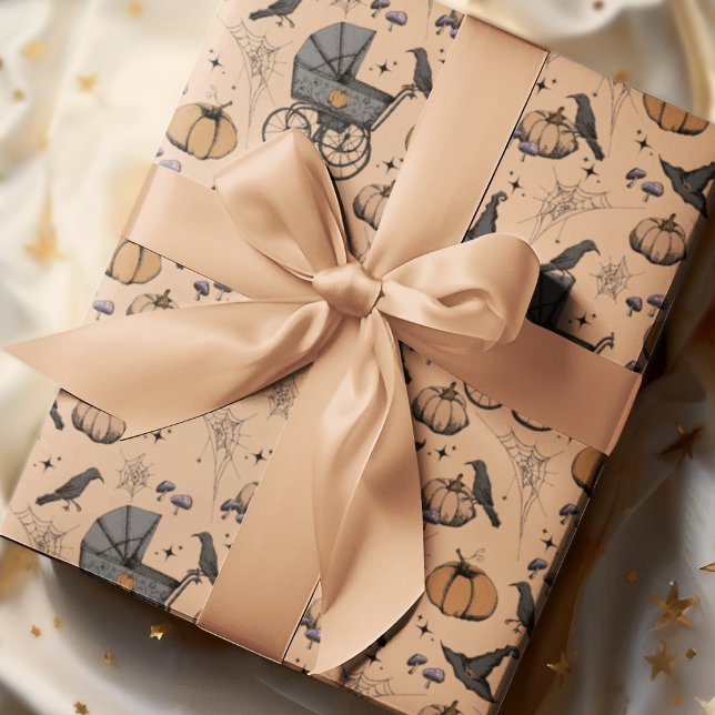 Gothic Orange Baby Carriage Halloween Presentpapper (Hand-Drawn Victorian Baby Carriages, Pumpkins, Witch Hats, Crows, Spiderwebs and Tiny Mushrooms.)