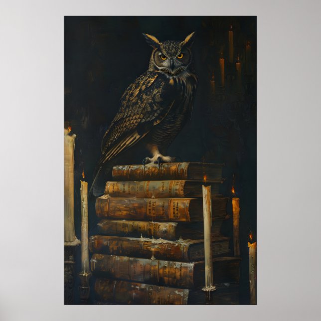 Gothic Owl on Vintage Books Painting Printable Poster (Framsidan)