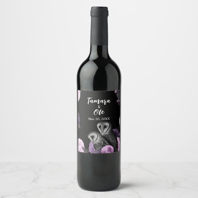 Gothic Owls Wedding Vinflaska Etikett (Framsida)