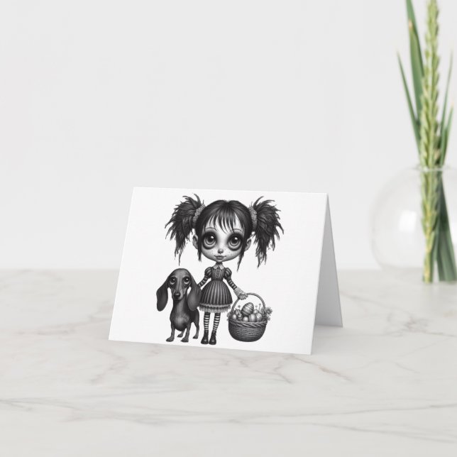 Gothic Påsk Girl och Dachshund Card Kort (Framsida)