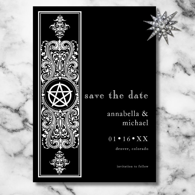 Gothic Pentagram Star Black White Bröllop Spara Datumet (Gothic Pentagram Star Black White Wedding Save The Date)