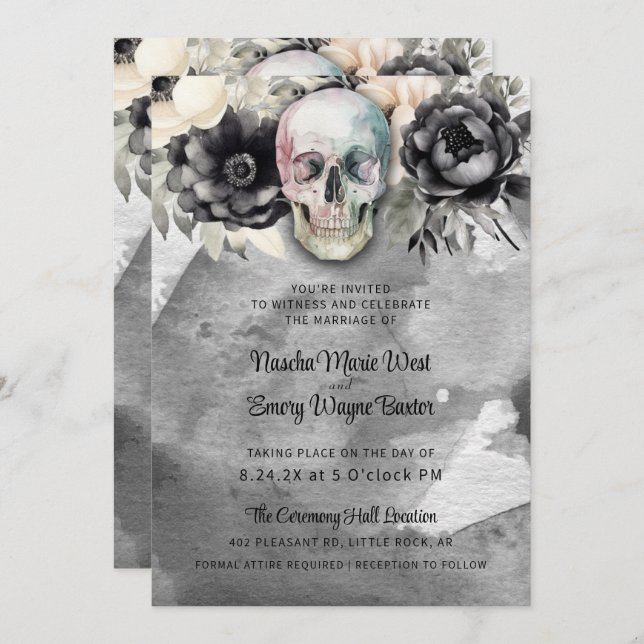 Gothic Peony & Skull Black Floral Wedding Inbjudningar (Fram/baksida)