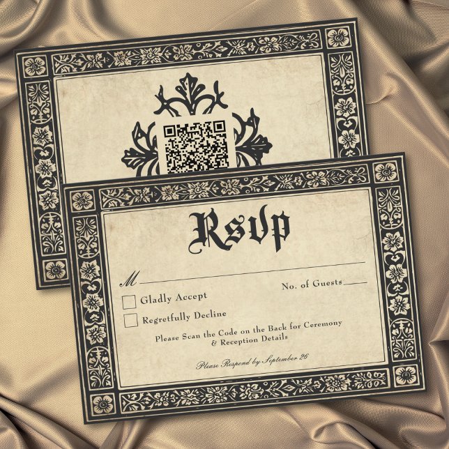 Gothic Pergament Medeltida Tills Döden Wedding QR OSA Kort (Gothic Parchment Medieval Until Death Wedding QR RSVP Card)