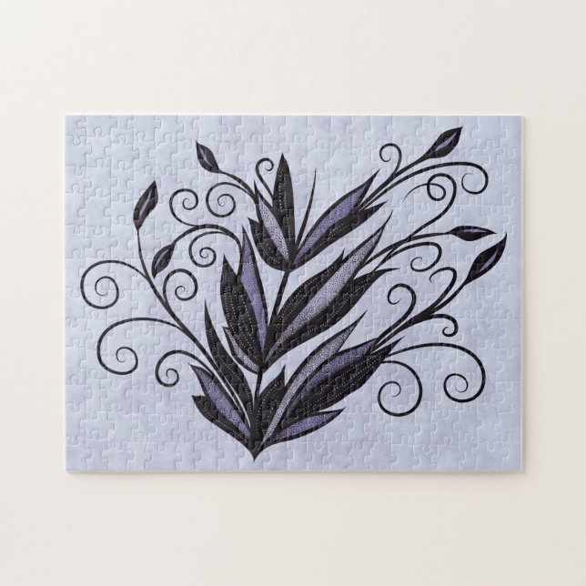 Gothic Plant Art - Black and Lila Blommigt Swirl Pussel (Horisontell)